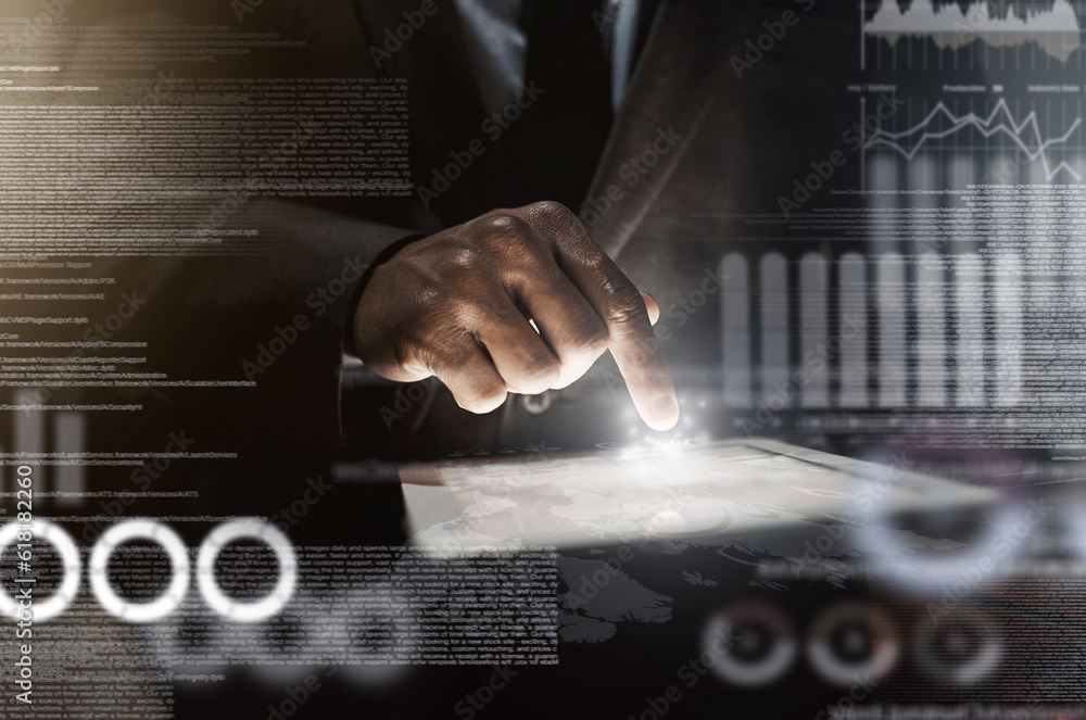 Poster tablet, overlay and business person in data analysis, stock market results and graphs, charts or fin