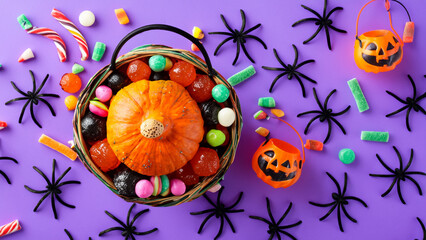 Halloween decorations pumpkin basket in top view with candies and spiders on a purple background