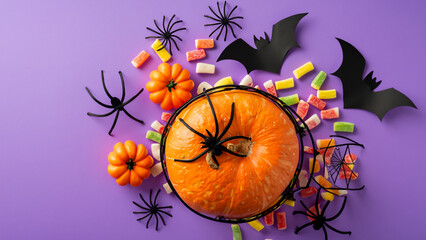 Halloween decorations pumpkin basket in top view with candies and spiders on a purple background