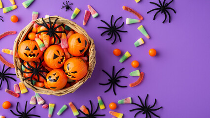 Obraz na płótnie Canvas Halloween decorations pumpkin basket in top view with candies and spiders on a purple background
