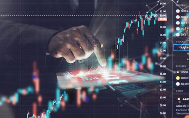 Tablet, overlay and hand of businessman on stock market, trading with data and statistics of...