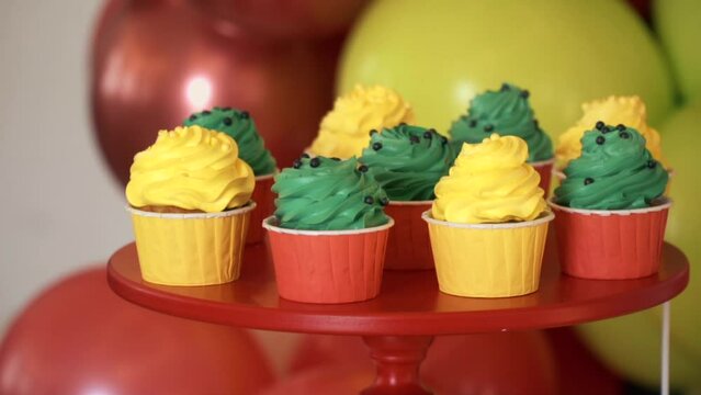 Birthday party decoration.Birthday Cake. Decorated children's birthday party with tasty cupcakes, the concept of celebrating the birthday of a child or girl. shower, baby