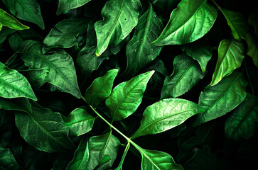 the texture of tropical natural leaves on dark green background, tropical background