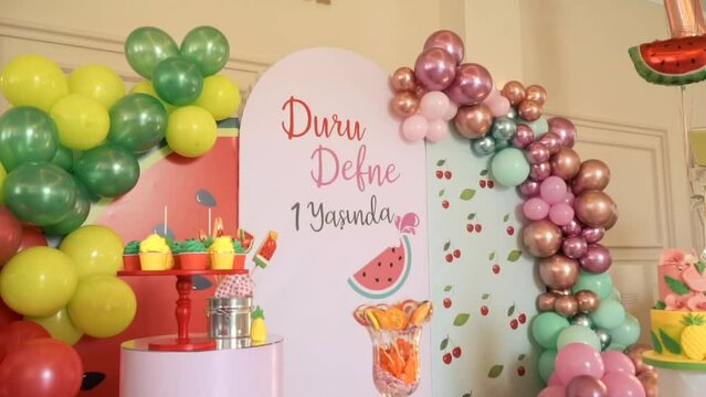 Birthday party decoration.Birthday Cake. Decorated children's birthday party with tasty cupcakes, the concept of celebrating the birthday of a child or girl. shower, baby