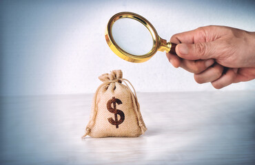 Hand holding magnifying glass to magnify or searching money bag. Investment or financial concept.