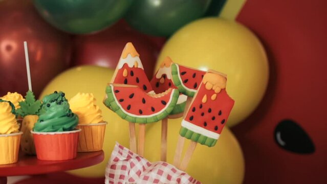 Birthday party decoration.Birthday Cake. Decorated children's birthday party with tasty cupcakes, the concept of celebrating the birthday of a child or girl. shower, baby