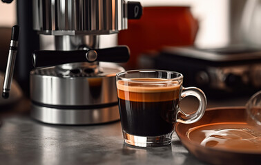 espresso coffee machine with a hot cup of coffee created with Generative AI technology