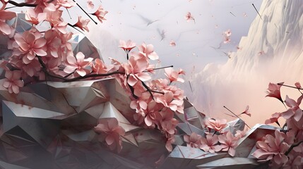 A surreal digital artwork merging abstract geometric shapes with delicate cherry blossom petals. (Generative AI)