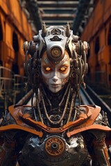 Fototapeta na wymiar photorealistic female robot in shiny golden color armor in post-apocalyptic ruins style, sci-fi, future, illustration, android. AI generated