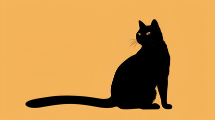 Halloween Black Cat Silhouette Sitting on orange Background. Simple style. AI Illustration. Concept for Print, web design.