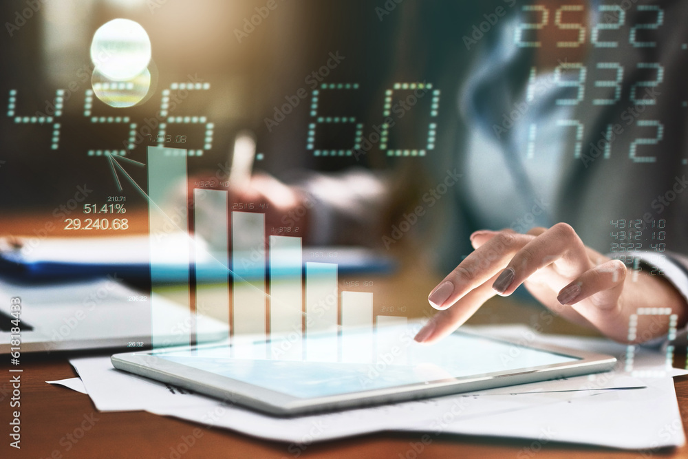 Aufkleber accounting, overlay and hand with tablet at night for stats, research or communication at a desk. di