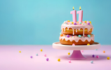 11th years birthday cake on isolated colorful pastel background. Generative Ai. - obrazy, fototapety, plakaty