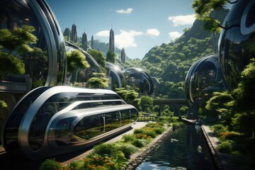 Fototapeta na wymiar Eco city of the future, futuristic clean lots of greenery, ai