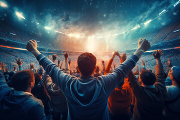 Back view of football, soccer fans cheering their team with raised arms at crowded stadium at evening time. Concept of sport, cup, world, team, event, competition.