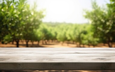 Fototapeta premium Wooden table for product display with blurred plantation or garden background and empty space for product advertisement generative ai