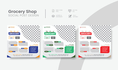 Effective grocery shop social media post for supermarket commercial marketing. Elegant grocery business social web banner easy to use layout template. Vol - 25