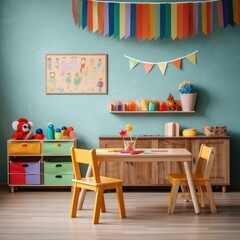 Stylish interior of modern playroom in kindergarten, game room. generative ai - obrazy, fototapety, plakaty