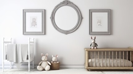 Mock up frame in unisex children room interior background shabby chic, 3D render