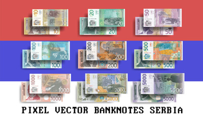 Vector pixelated mosaic set of Serbian banknotes. Bills in denominations from 10 to 5000 dinars. Serbia. Flyers or play money.