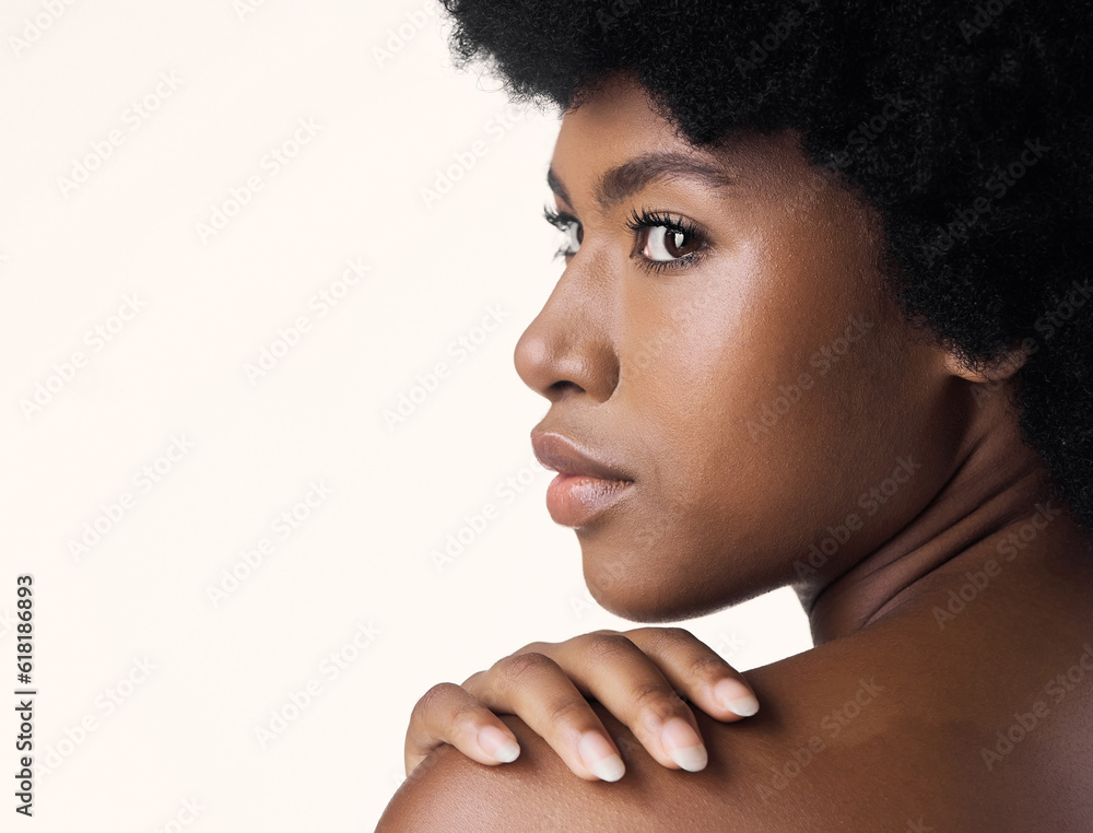 Wall mural black woman, back and skincare for beauty in studio isolated on a white background mockup space. nat