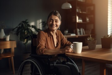 Fototapeta premium Happy woman in wheelchair at home. AI generative