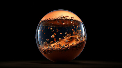 Glas Kugel mit Symbol Wüste gefüllt auf schwarzen Hintergrund, ai generativ