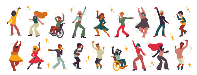 Fototapeta na wymiar Moving people, dancing silhouettes. Men and women bodies having fun. Vector illustrations isolated on a white background.