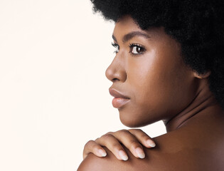 Black woman, back and skincare for beauty in studio isolated on a white background mockup space....