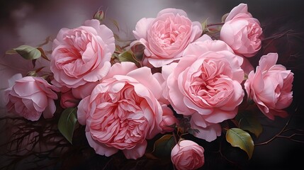 A realistic oil painting of roses, showcasing their intricate details and velvety textures. (Generative AI)
