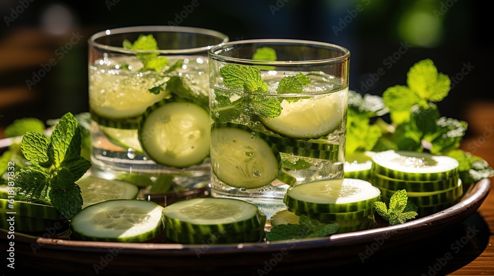 Poster cucumber slices and mints in glasses on a plate. generative ai