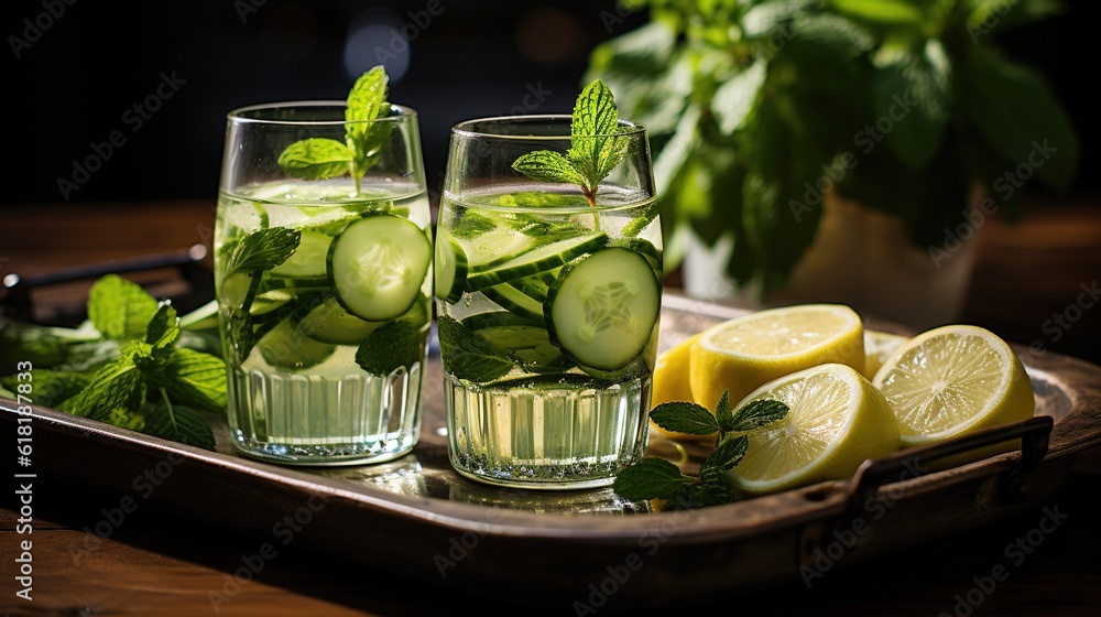 Poster two glasses of water with cucumbers and lemon slices. generative ai