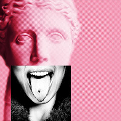 Abstracy plaster statue head shows tongue in pop art style tinted pink with black and white part, trendy contemporary collage