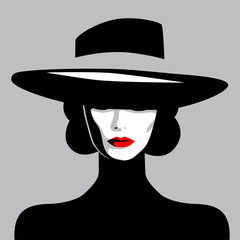 Retro portrait of young beautiful woman with hat and red lipstick, fashion model, vector illustration