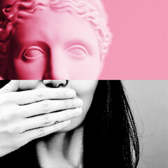 Contemporary collage of plaster statue head in pop art style tinted pink and young woman laughs and covers her mouth with hand, hiding some secret that she is afraid to tell public