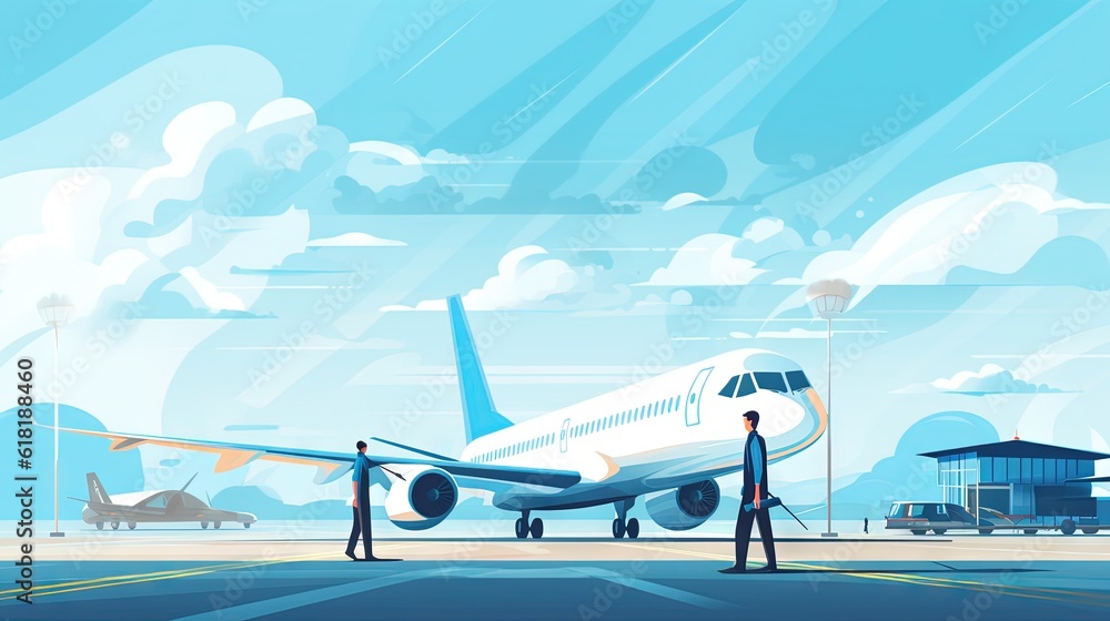 Poster a man standing next to an airplane on a runway with a sky background. generative ai