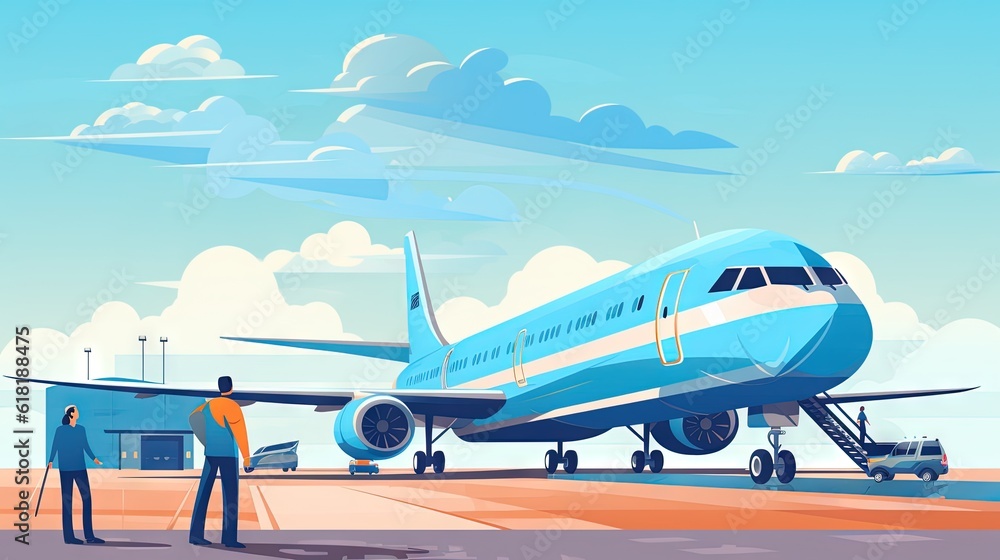 Poster a man standing in front of an airplane on a runway. generative ai