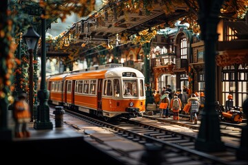 Fototapeta na wymiar miniature train set with moving parts and passengers on board. generative ai