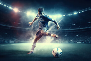 Professional football or soccer player in action on stadium with flashlights, kicking ball for winning goal. Concept of sport, competition, motion, overcoming. - obrazy, fototapety, plakaty