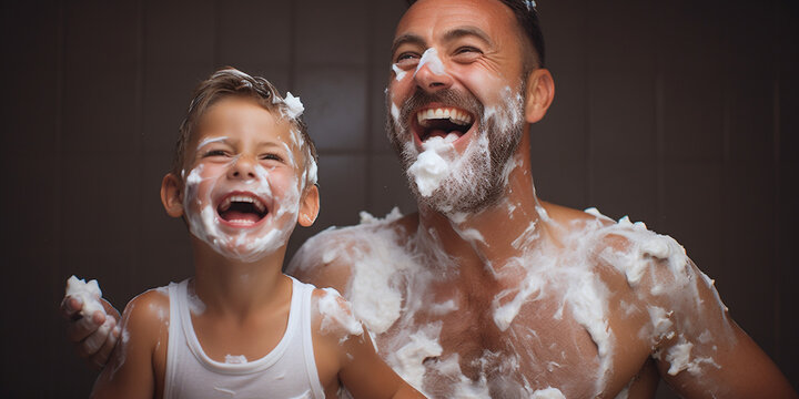 Badespaß Vater mit Sohn und viel Badeschaum lachen herzhaft, ai generativ