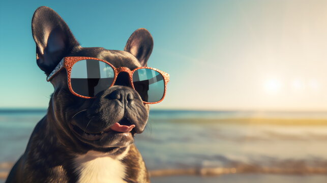 frenchi dog wearing sunglasses at the beach with copy space, made with generative ai