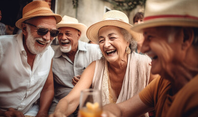 lachende Seniorengruppe hat Spaß gemeinsam, generative AI