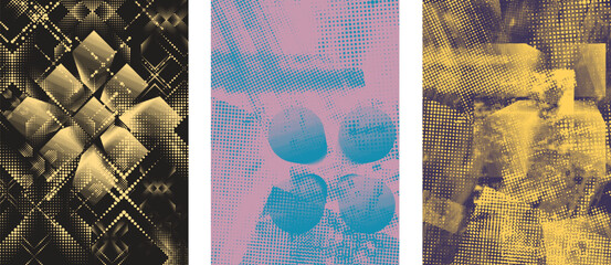Aesthetic dotted design element. Duo tone, grunge poster . Modern art .Abstract, grungy composition . Half tone background. Halftone dots texture effect .Contemporary vector. Grange design.