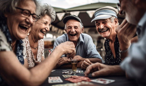 Gruppe Senioren spielt im Park im Herbst Karten, generative AI