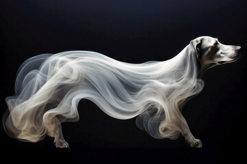 Obraz na płótnie Canvas Hund, der sich in Rauch und Wolken auflöst, KI-generierter Inhalt
