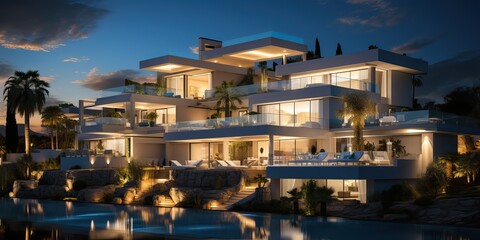 Fototapeta premium Amazing contemporary villa with pool, generative ai