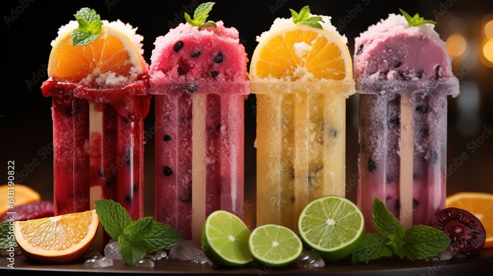 Poster a group of different colored ice creams with limes and oranges. generative ai