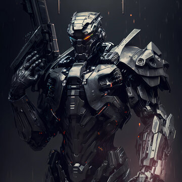 Cyborg background for art design. Futuristic robot with weapon