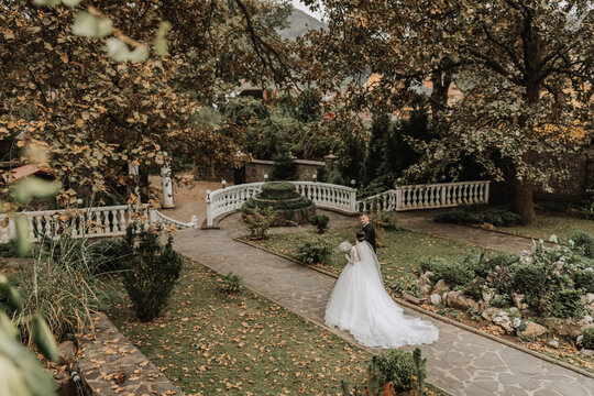 young beautiful wedding couple holding hands walking in the garden, photo from above