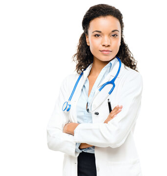 Doctor portrait, woman and arms crossed with a smile from healthcare and wellness career in studio. Young female worker, isolated and nursing with white background proud and confident from job