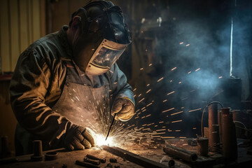 Welder welding metal in workshop with sparks. High quality photo